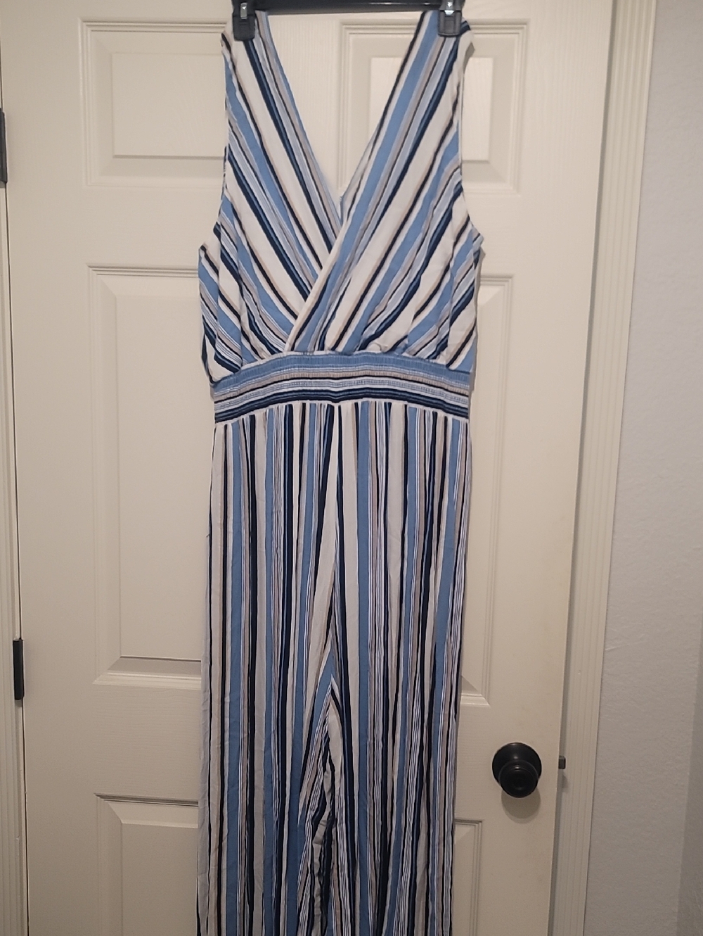 AGB Blue, Navy, White And Tan Striped One-Piece Romper
